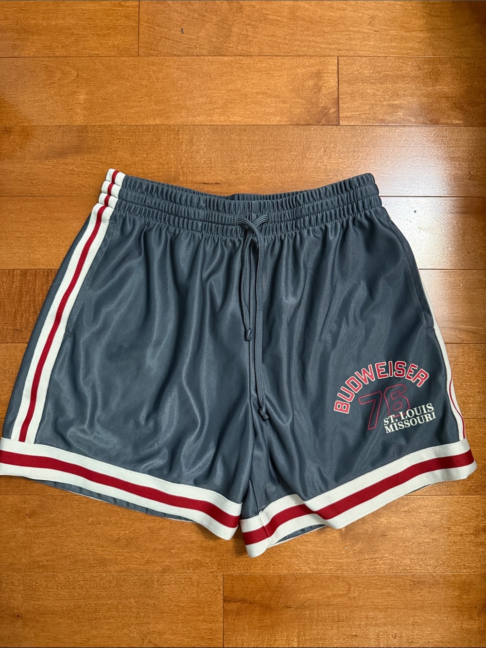 Budweiser Gray Athletic Shorts with Red & White Stripes